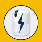 White electronic device with a blue lightning bolt on a yellow background.