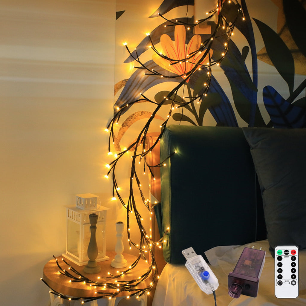 Decorative string lights on a wall with a remote control in the foreground.
