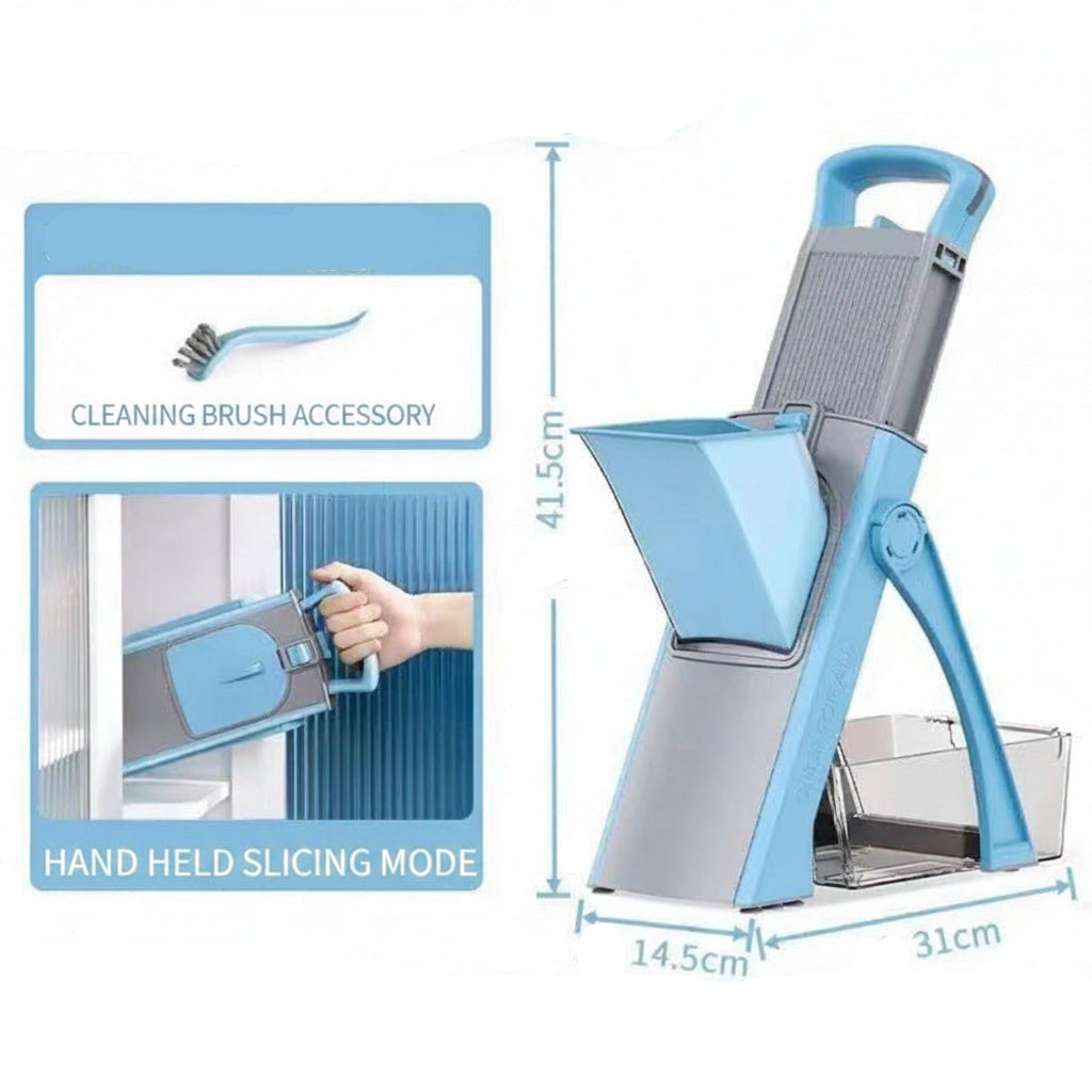 Blue and gray cleaning tool with dimensions and usage instructions on a white background