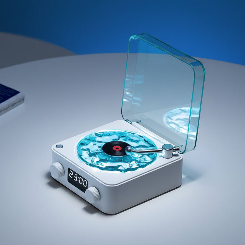 Modern record player with a transparent cover on a light gray surface.
