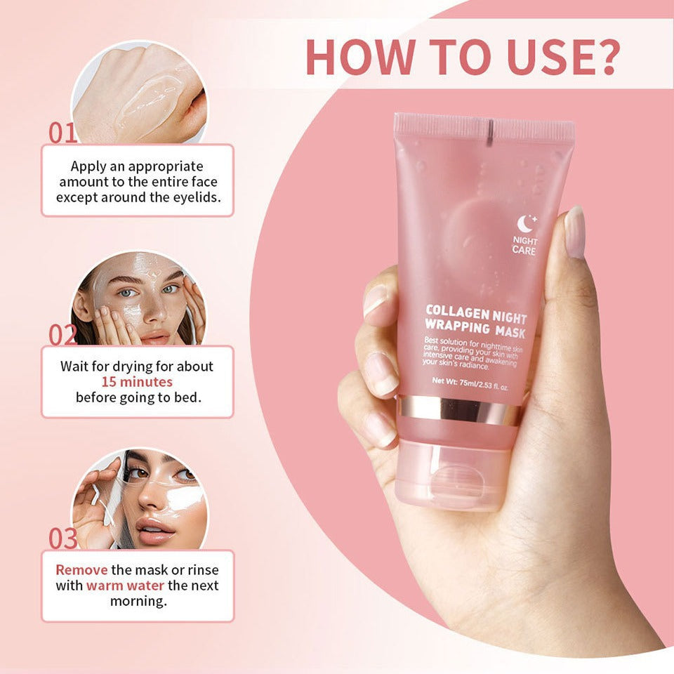 Collagen night wrapping mask with usage instructions on a pink background