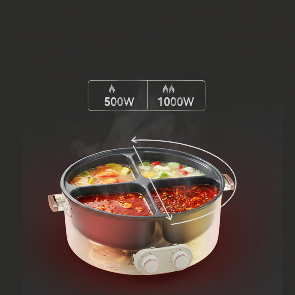 Multi-functional cooking pot with food compartments on a dark background