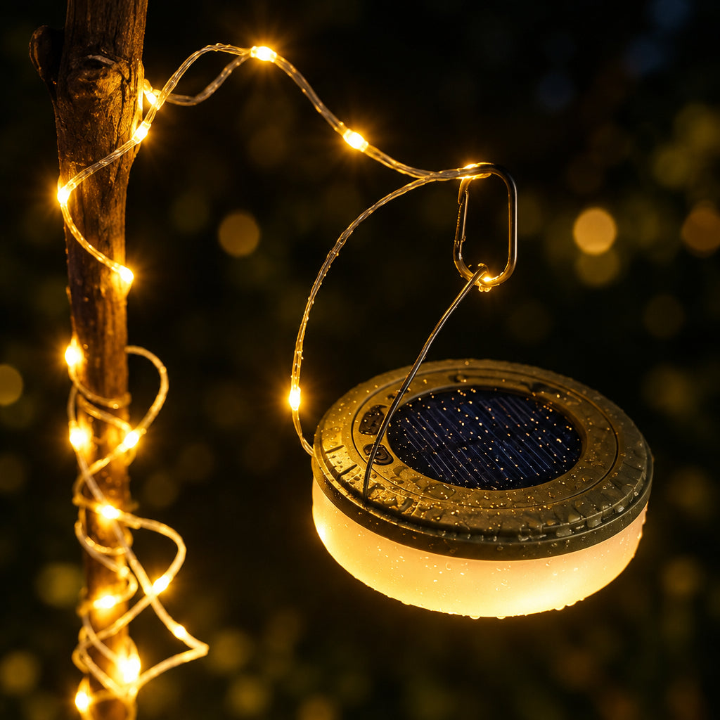A hanging solar-powered string light with a warm white glowing globe and a dark solar panel top, shown against a black background.