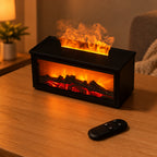 Black Flame Fireplace Humidifier with flames and remote control on a wooden surface