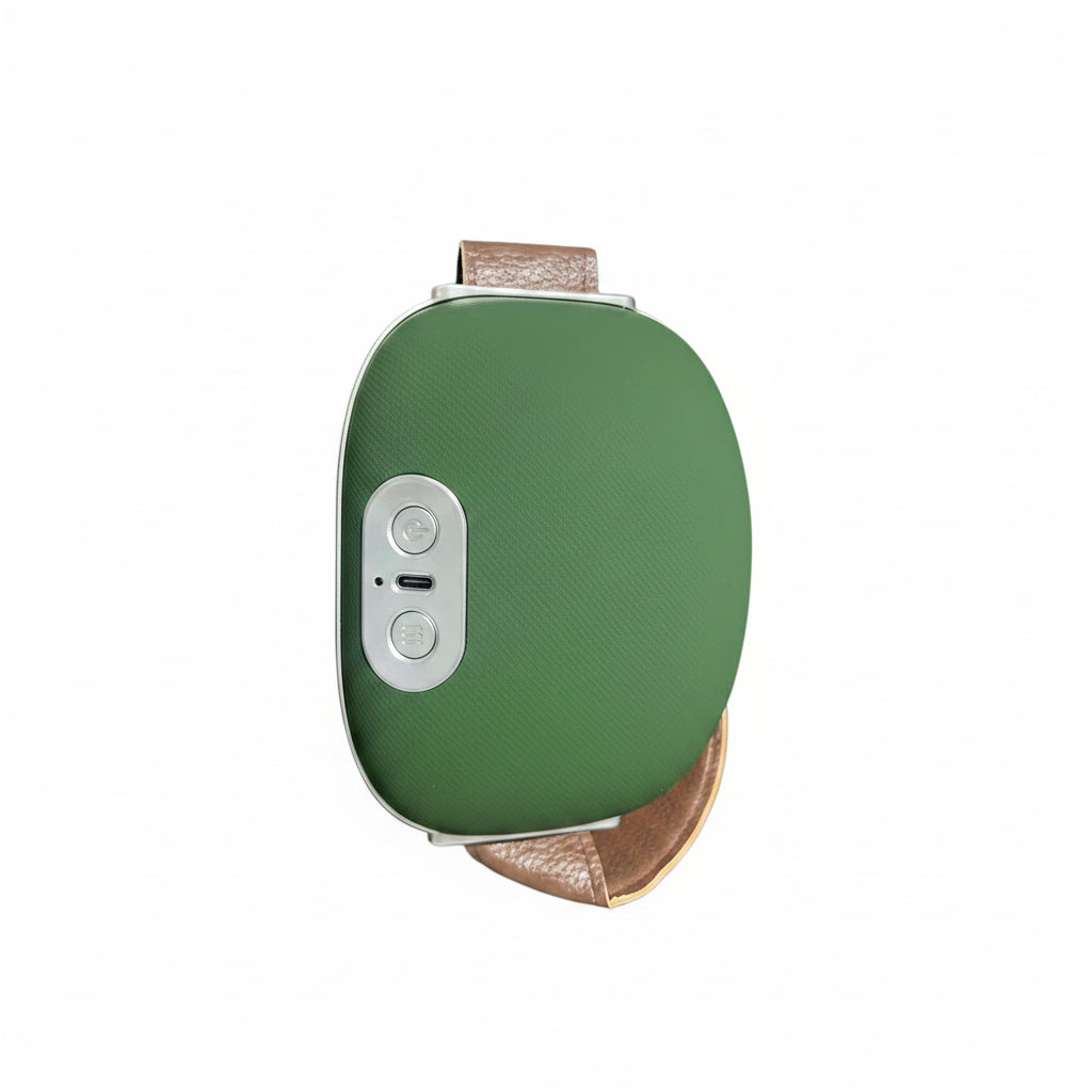 Green electronic Neck and Shoulder Massager device with a strap on a textured surface