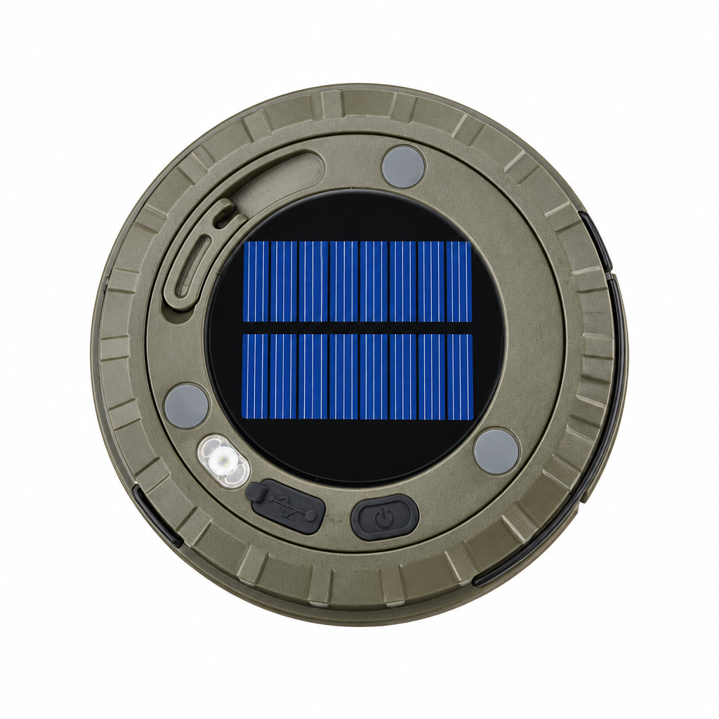 A circular solar-powered light or charging device with a blue solar panel in the center and a gray outer body, shown on a light gray background with Chinese promotional text above.