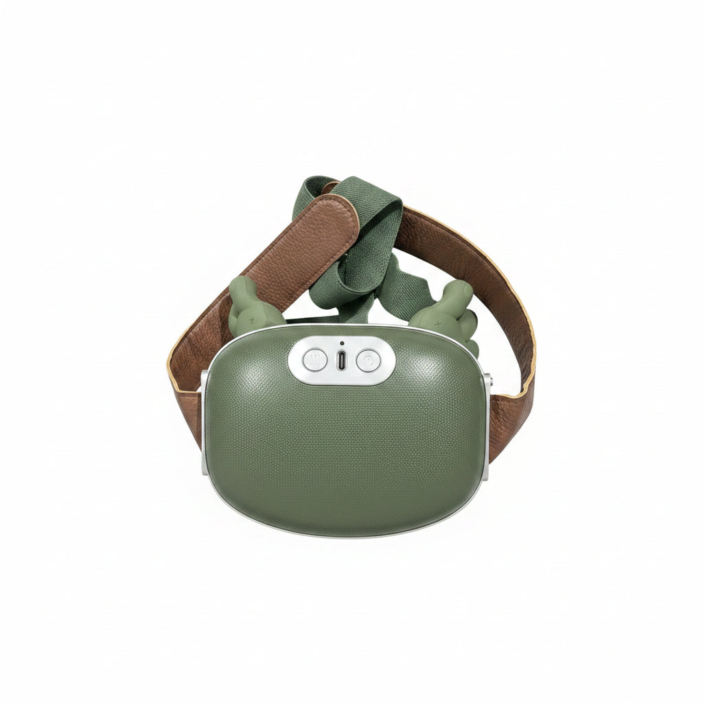 Green electronic Neck and Shoulder Massager device with brown strap on a white background