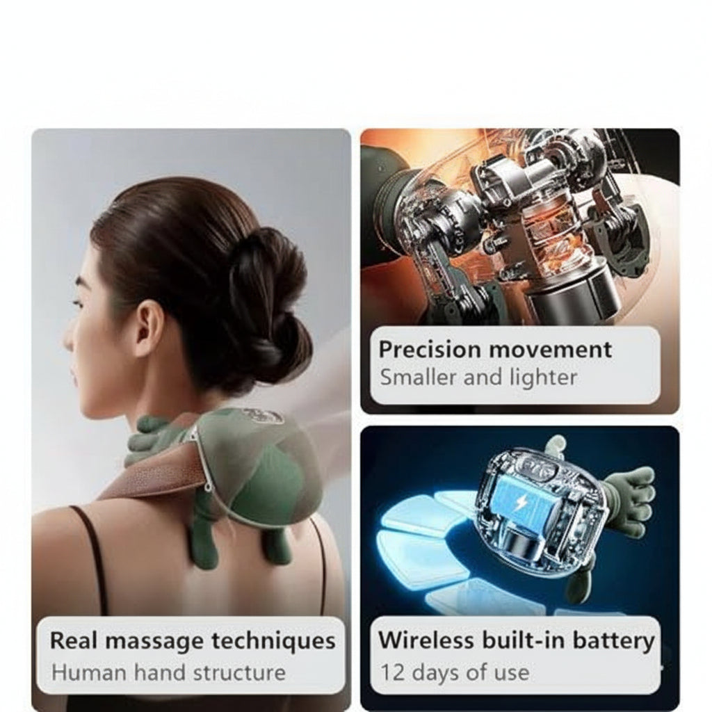 New Upgrade product with a woman using it, close-up of technology, and battery details.