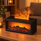 Black Flame Fireplace Humidifier with glowing faux logs and simulated orange flames, shown on a wooden surface.