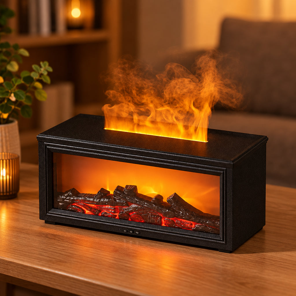 Black Flame Fireplace Humidifier with glowing faux logs and simulated orange flames, shown on a wooden surface.