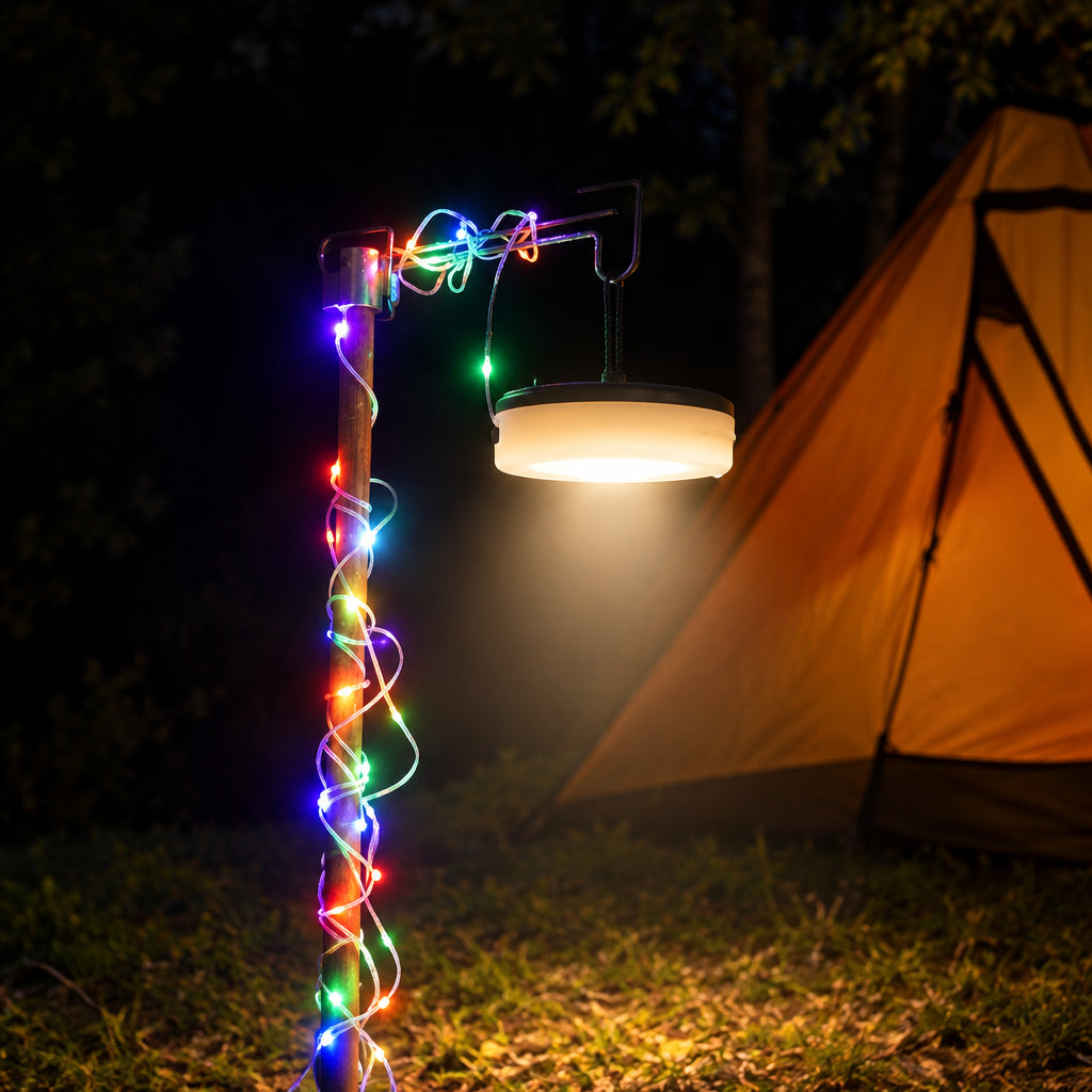 A camping light with multicolor string lights wrapped around its pole, shown hanging in front of a tent at night.