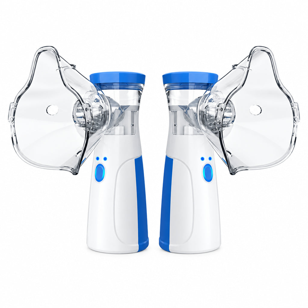 Two handheld nebulizer devices shown side by side on a white background, each with a clear face mask attached. The devices are white with blue accents and blue tops.