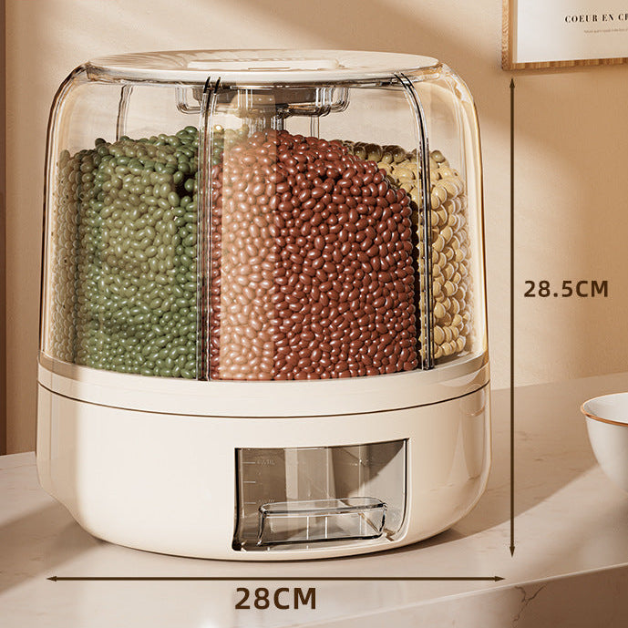 Container with compartments filled with green, brown, and beige beans on a marble surface.