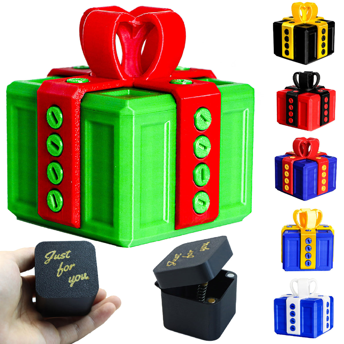 Colorful gift-shaped toy box with a red bow, surrounded by other similar boxes in different colors.