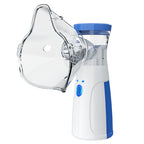 White and blue Portable Handheld Nebulizer device with clear mask on a white background