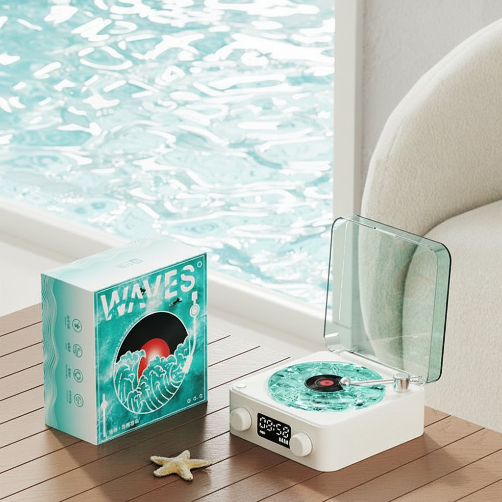 Vinyl Wireless Bluetooth Speaker on top of the wooden table.