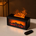 Black Flame Fireplace Humidifier with glowing faux logs and flame effect, shown on a white table with a black remote control in the foreground.