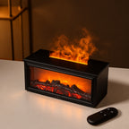 Black Flame Fireplace Humidifier with glowing faux logs and flame effect, shown on a white table with a black remote control in the foreground.