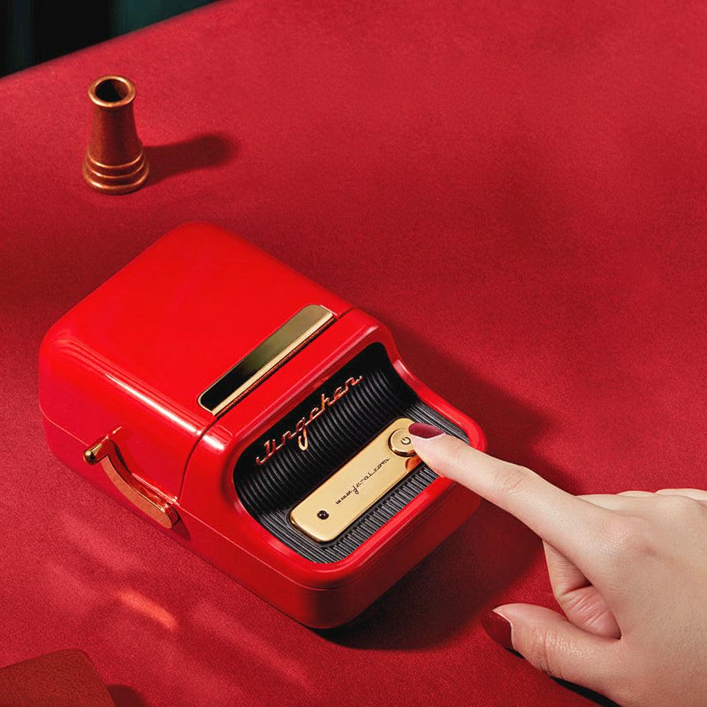 Red label printer with a hand pressing a button on a red background