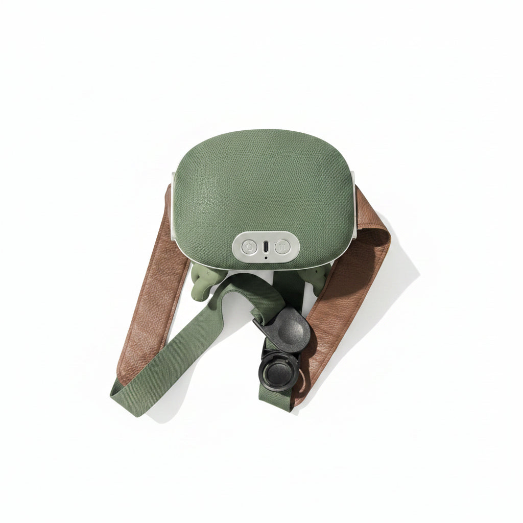 Green electronic Neck and Shoulder Massager device with a strap on a white background.
