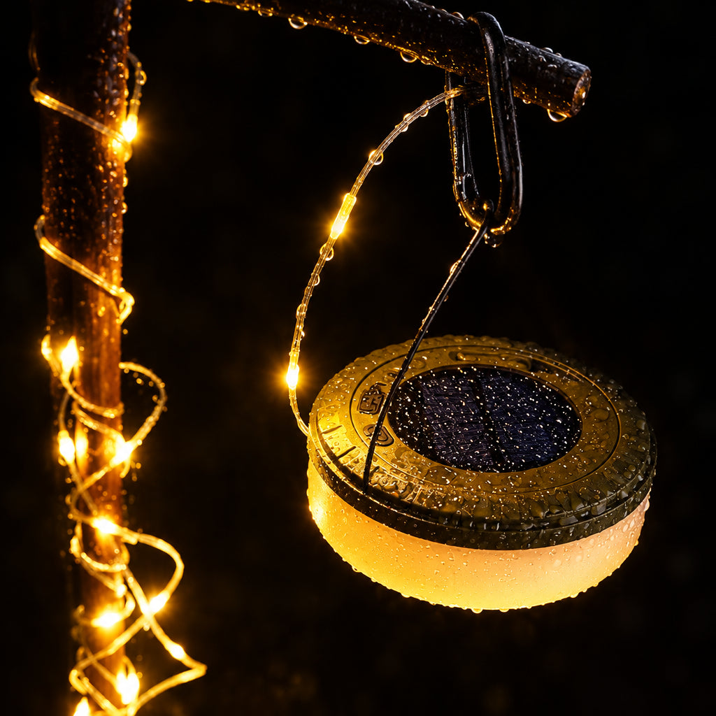 A hanging solar-powered string light with a warm white glowing globe and a dark solar panel top, shown against a black background.
