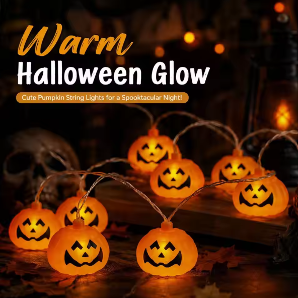 Warm glowing pumpkin string lights with carved jack-o'-lantern faces, shown lit on a tabletop with autumn leaves and spooky decor in the background. Large text reads 'Warm Halloween Glow' with a subtitle about cute pumpkin string lights for a spooktacular night.