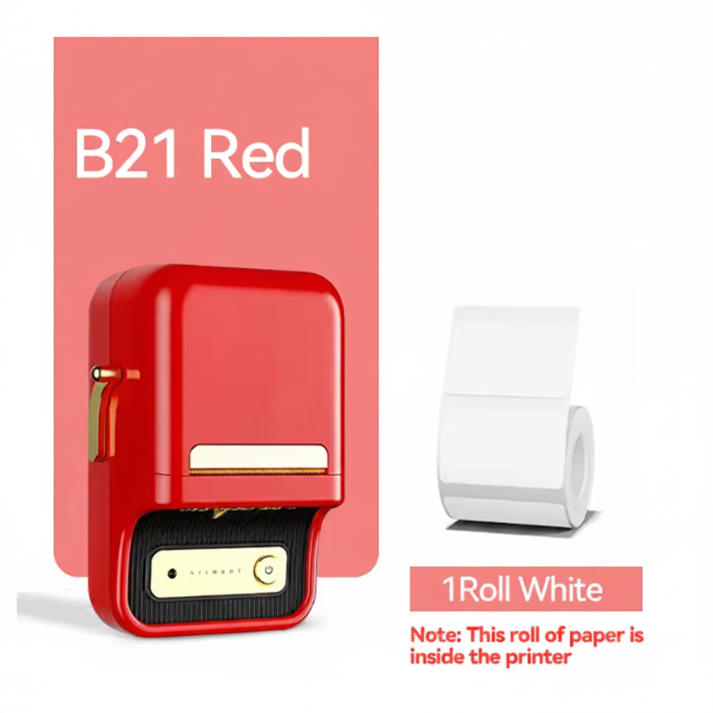 Red printer with a roll of white paper on a white background