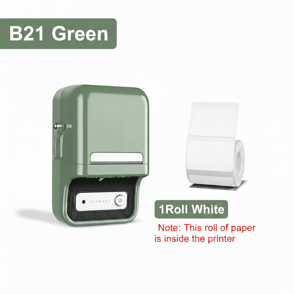 Green printer with paper roll on a white background