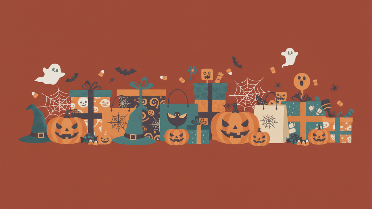 A horizontal Halloween-themed illustration featuring jack-o'-lantern pumpkins, witch hats, spiderwebs, bats, ghosts, candy corn, gift boxes, and a trick-or-treat bucket on a light beige background.