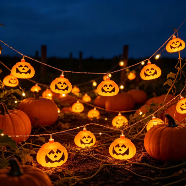 Glowing jack-o'-lantern string lights hanging over a pumpkin patch at dusk, with real pumpkins and foliage in the background.