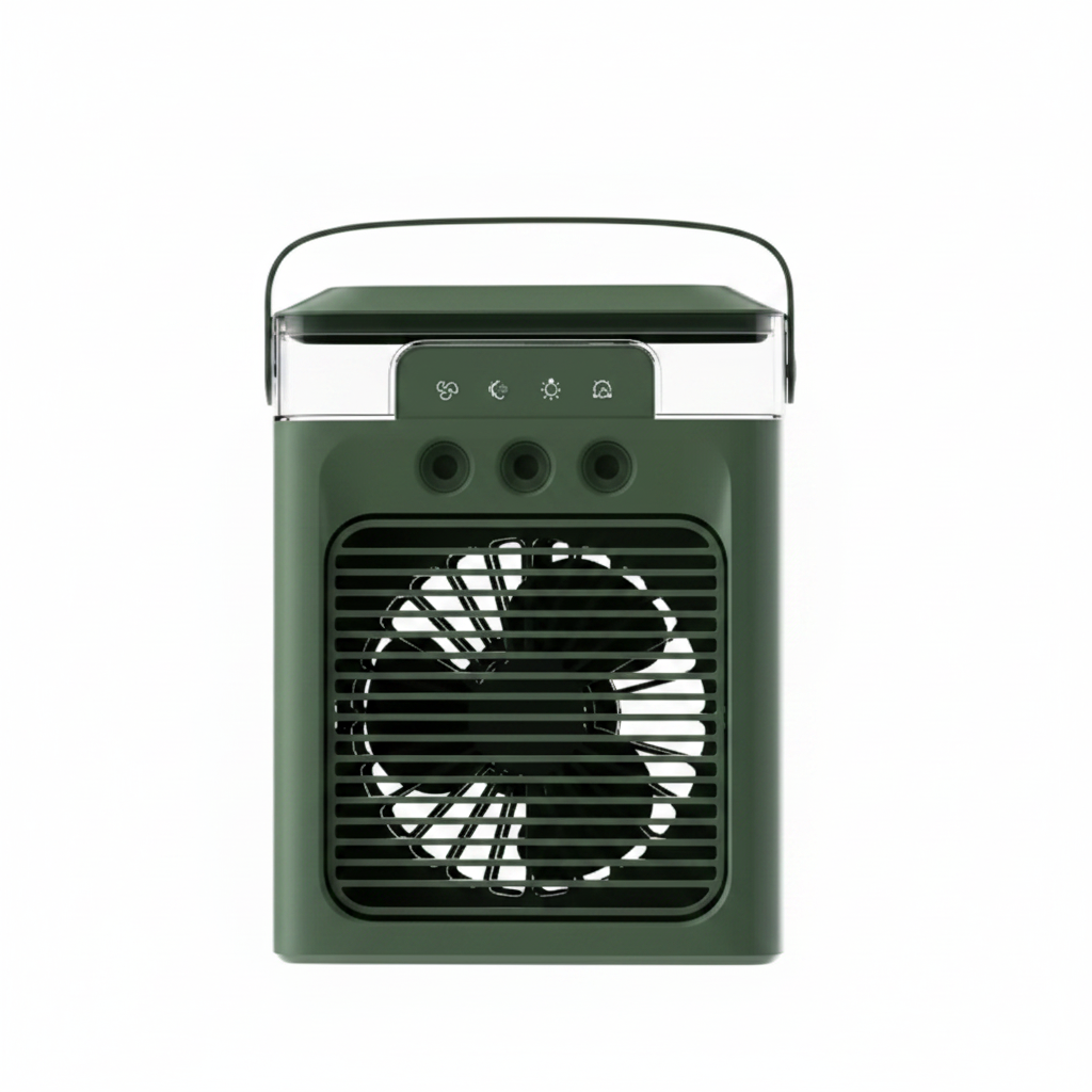 Green portable fan on a white background