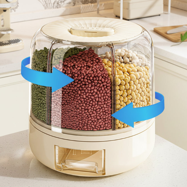 Kitchen appliance with compartments for different types of beans, on a kitchen counter.